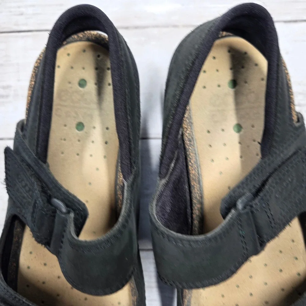 ECCO Cozmo Slide Sandal Women 40 Black Nubuck Leather Adjustable Straps Cork